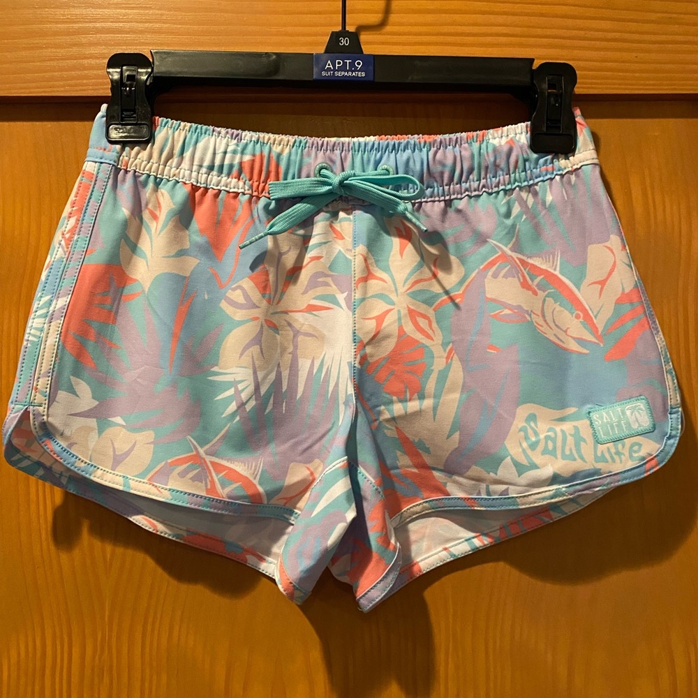 Salt Life Girls Tropical Pastel Floral Swim Shorts - Aqua, Coral, Lavender